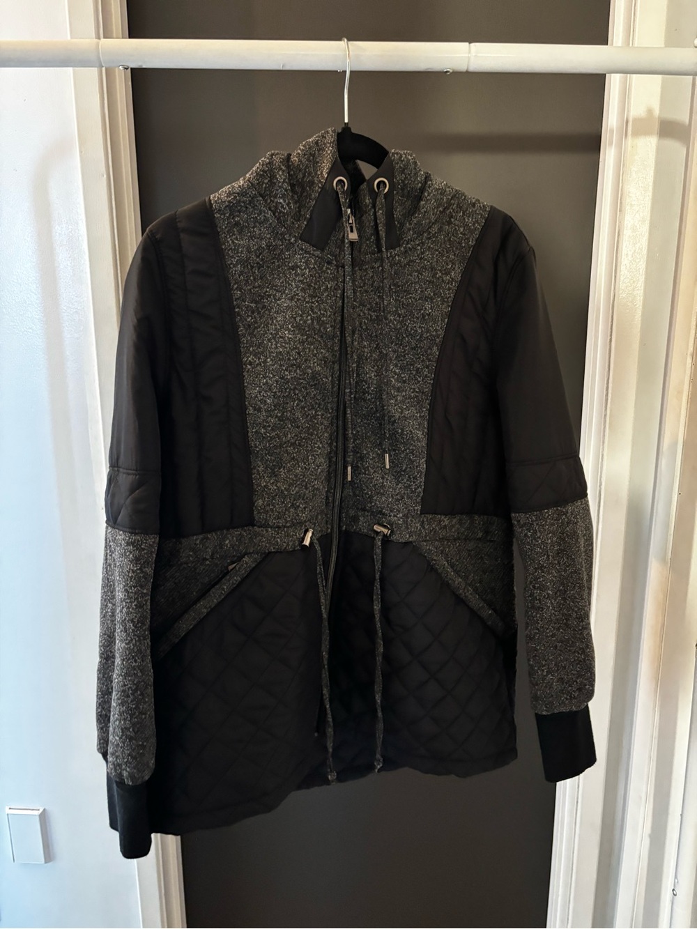 Women's Quilted Black & Gray Puffer Jacket with Drawcord Waist